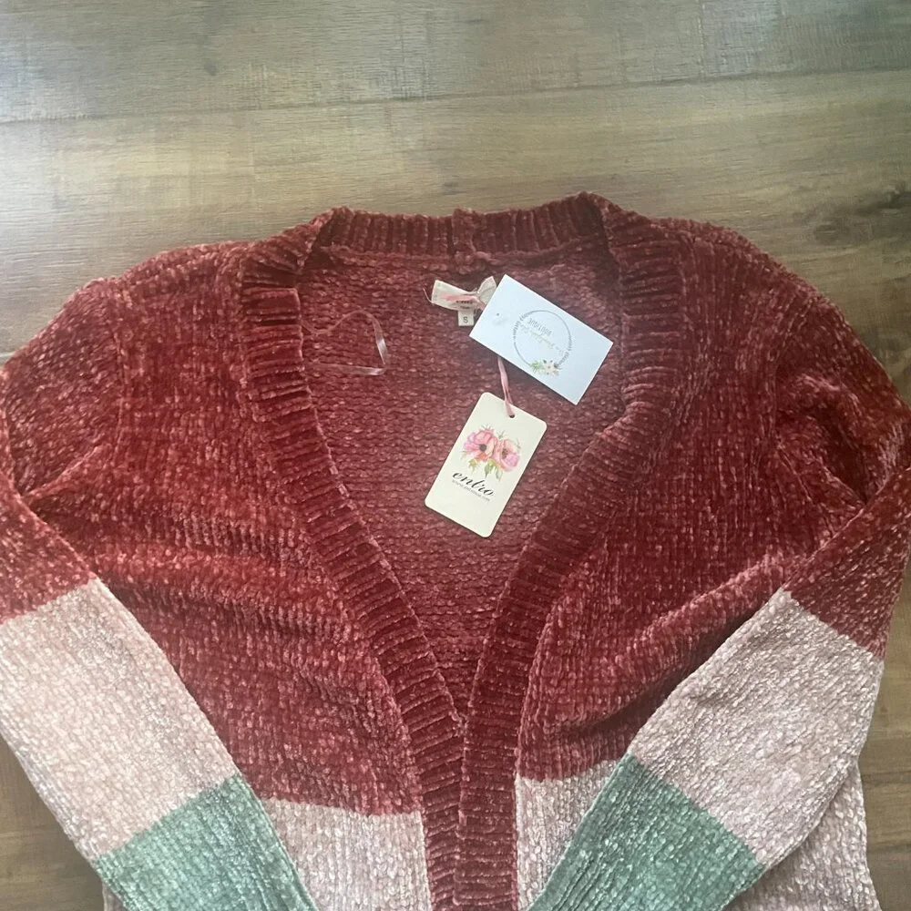 Entro Color Block Chenille Cardigan Sweater Size Small NWT Soft Cozy Fall Layeri